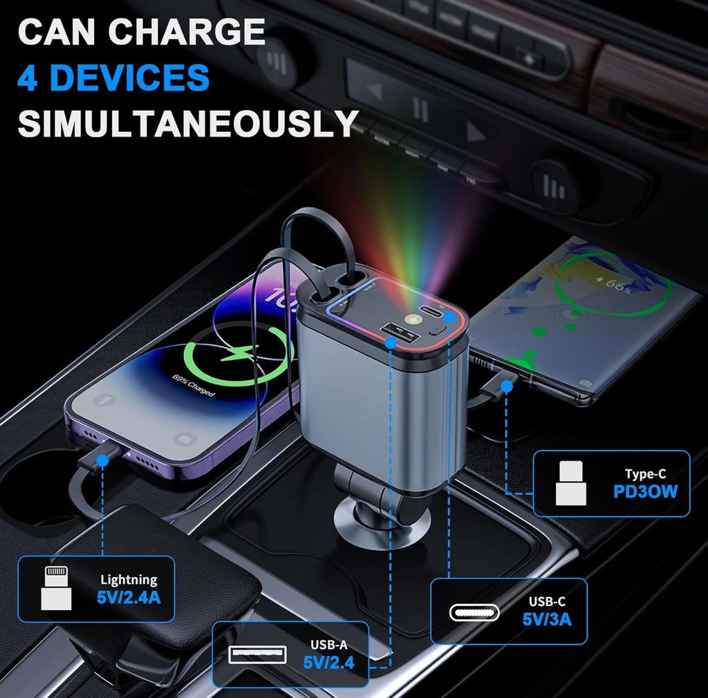 English: 4-in-1 Retractable Fast Car Charger with LED