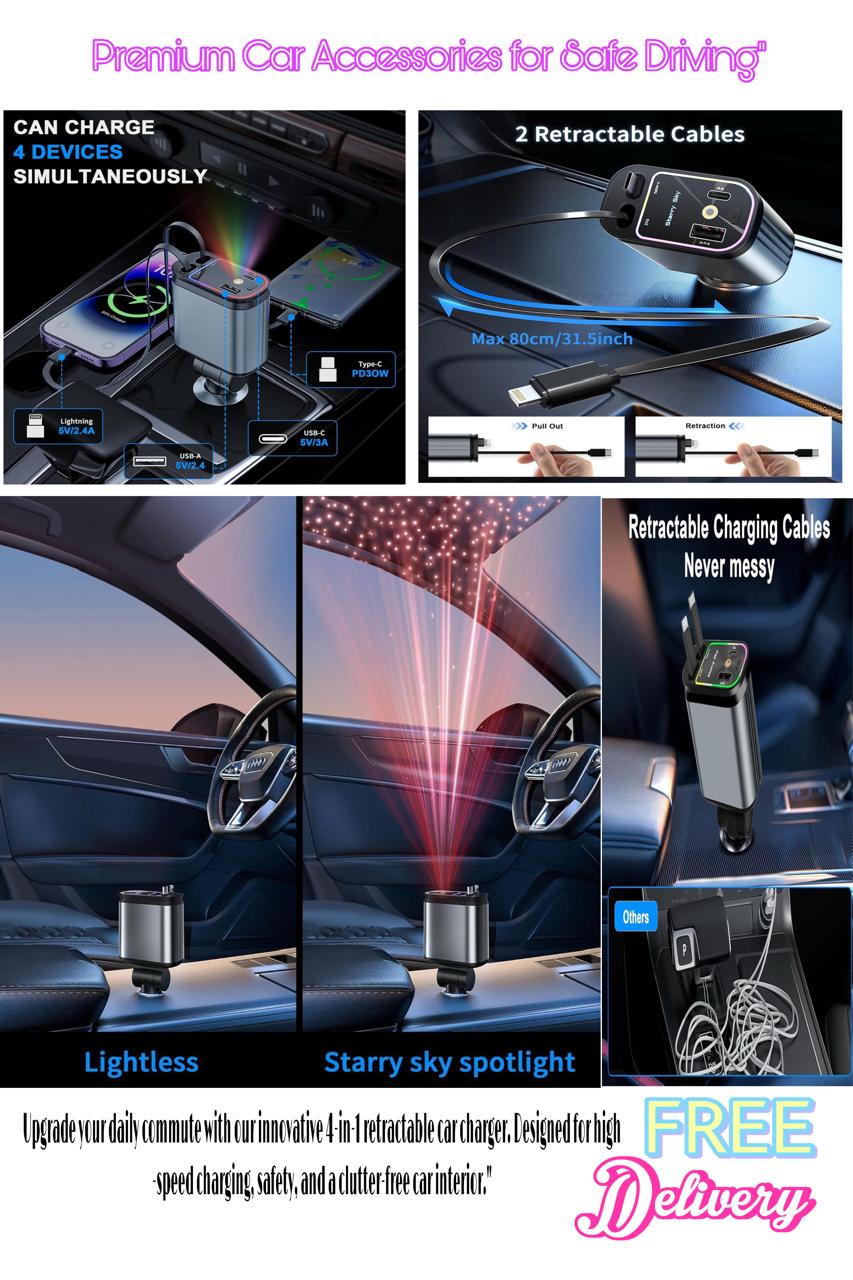 English: 4-in-1 Retractable Fast Car Charger with LED